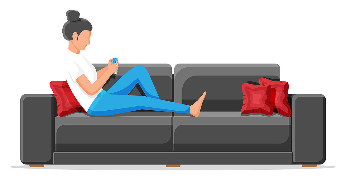 Grafik Frau liegt auf einer Couch mit dem Handy in den Händen