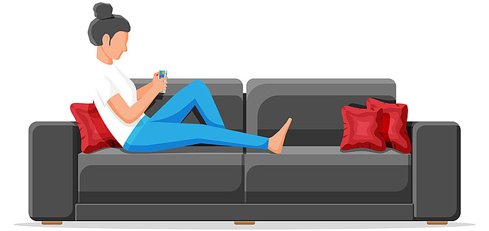 Grafik Frau liegt auf einer Couch mit dem Handy in den Händen