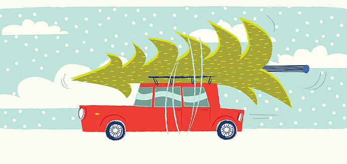 Grafik Auto mit Weihnachtsbaum auf dem Dach
