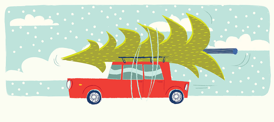Grafik Auto mit Weihnachtsbaum auf dem Dach